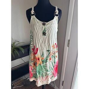 Tropical Floral Print Sundress / Beach Cover-Up with Rope Straps & Fringe Hem